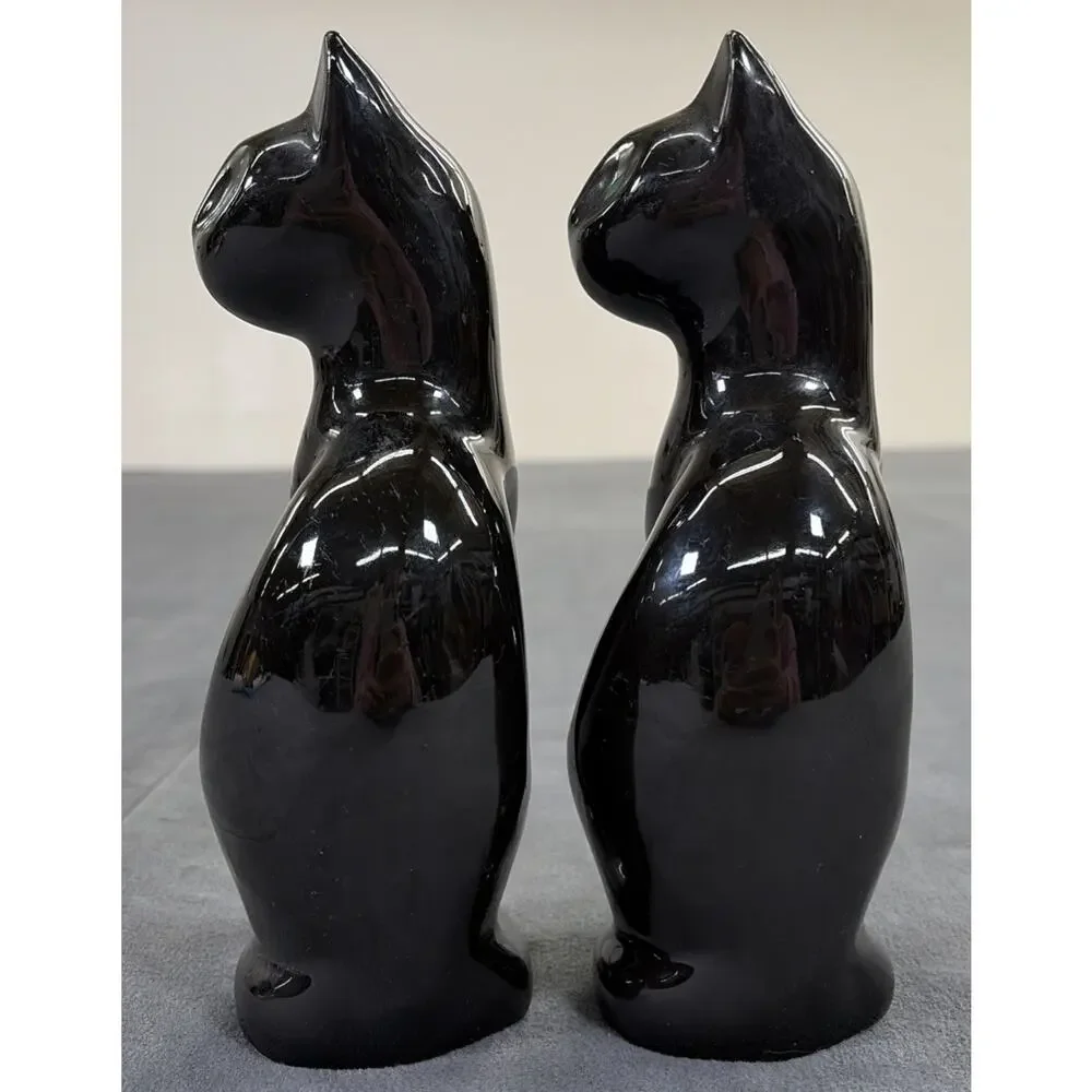 Vintage MCM Pair of Black Ceramic Cat Figurines Green Eyes Copy Cats 8.5” Chrty